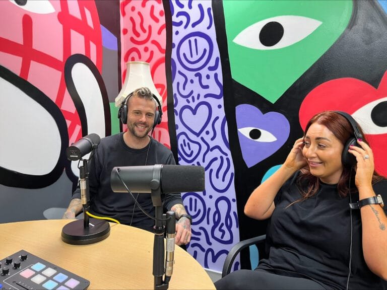 CIPs Jim Donghey and Aine Brady in Northumbria University podcasting booth at the in-person Welcome Event in Newcastle, October 2023 - image credit Lauren Baker Mitchell